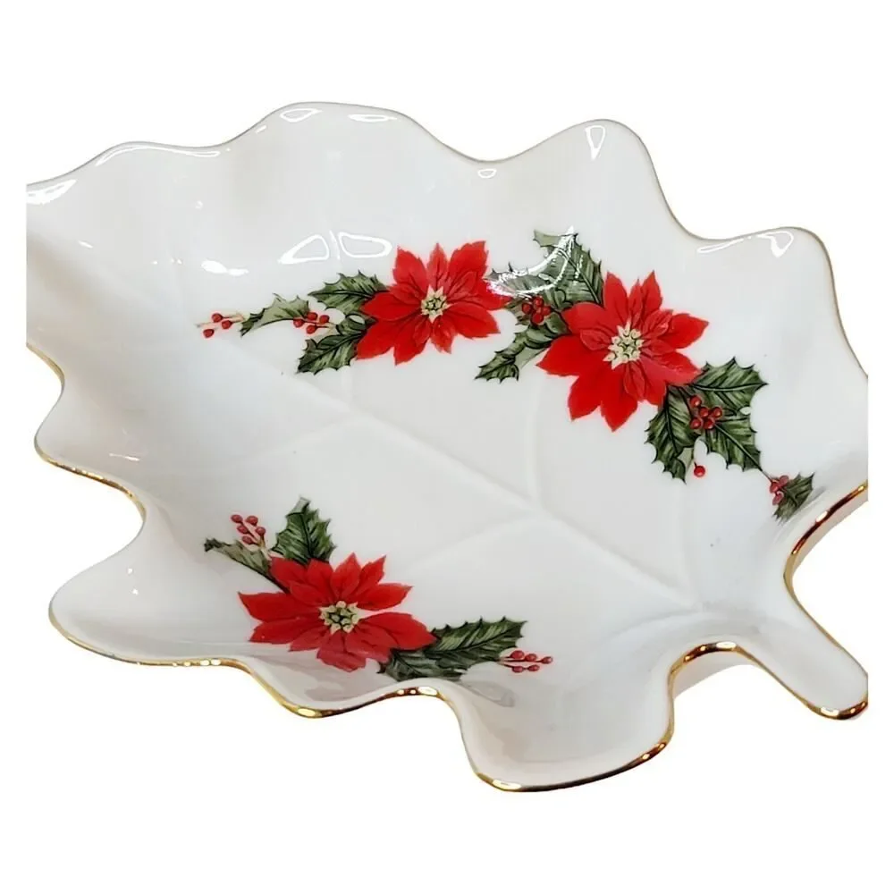 Vintage 1987 Lefton‎ Christmas Poinsettias & Holly Candy Nut Trinket Dish JAPAN